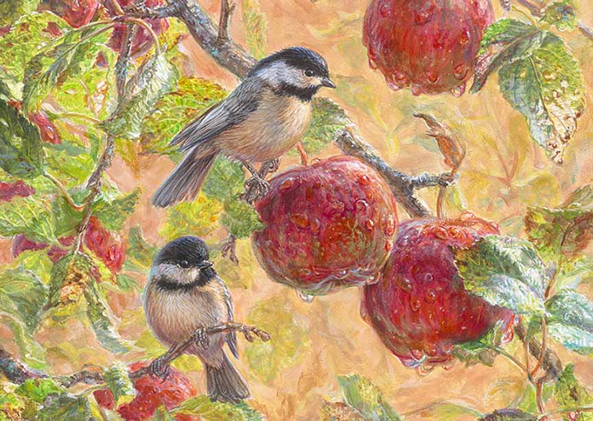 BH2 – Songbirds – Autumn Morning – Chickadees and Apples (detail) © Beth Hoselton