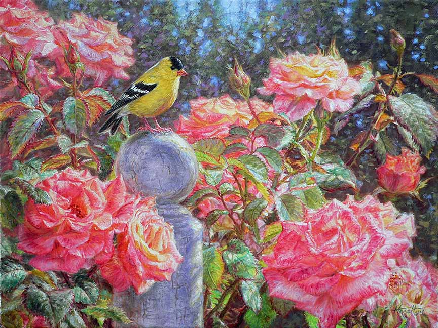 BH2 – Songbirds – Garden Bouquet – American Goldfinch and Roses © Beth Hoselton