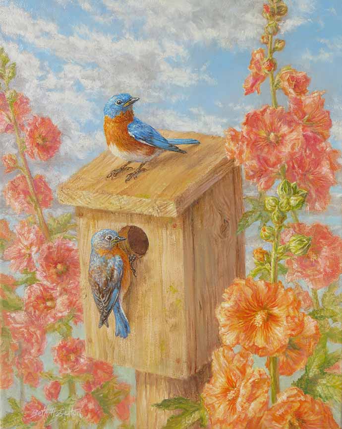 BH2 – Songbirds – Home Sweet Home – Eastern Bluebirds and Gladiola © Beth Hoselton