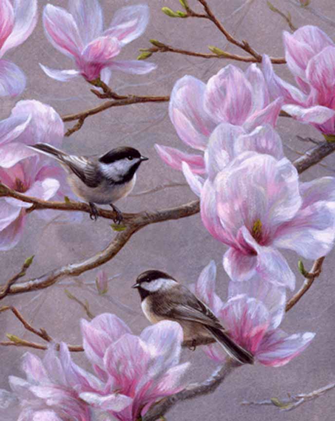 BH2 – Songbirds – Spring Blossoms – Chickadees and Magnolia (detail) © Beth Hoselton