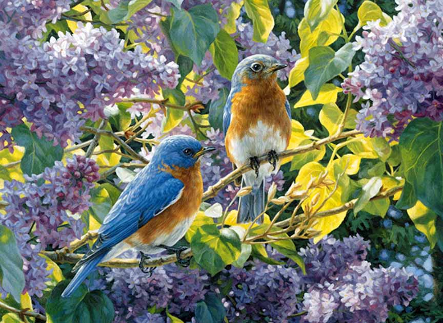 BH2 – Songbirds – Spring Interlude – Bluebirds and Lilacs (detail) © Beth Hoselton