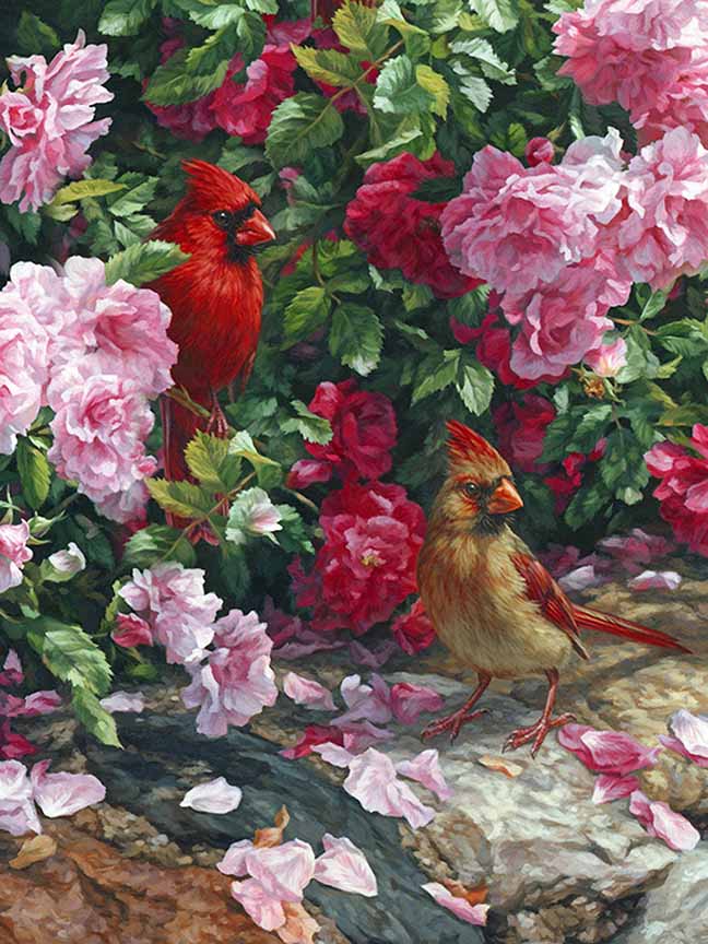BH2 – Songbirds – The Garden Wall – Cardinals and Roses (detail) © Beth Hoselton