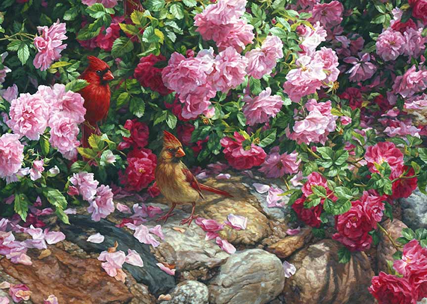 BH2 – Songbirds – The Garden Wall – Cardinals and Roses © Beth Hoselton