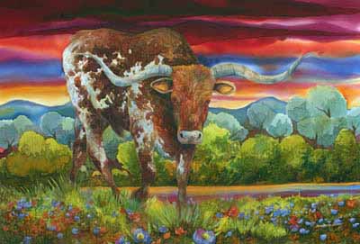 NDC – Cows – Bevo and Blue Bonnets © Nancy Dunlop Cawdrey
