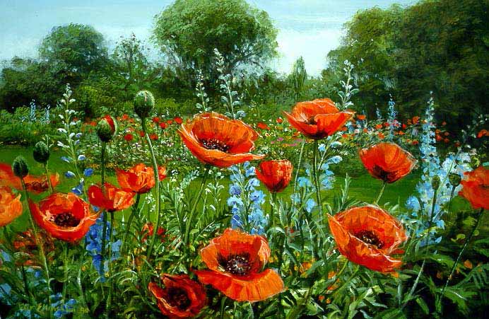PE – Red Poppies and Delphiniums by Peter Ellenshaw #2027 © Ellenshaw.com