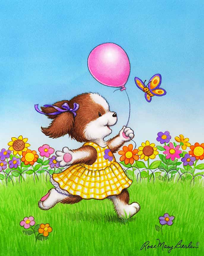 RMB – Kids Illustration – Girl Pup with Pink Balloon © Rose Mary Berlin