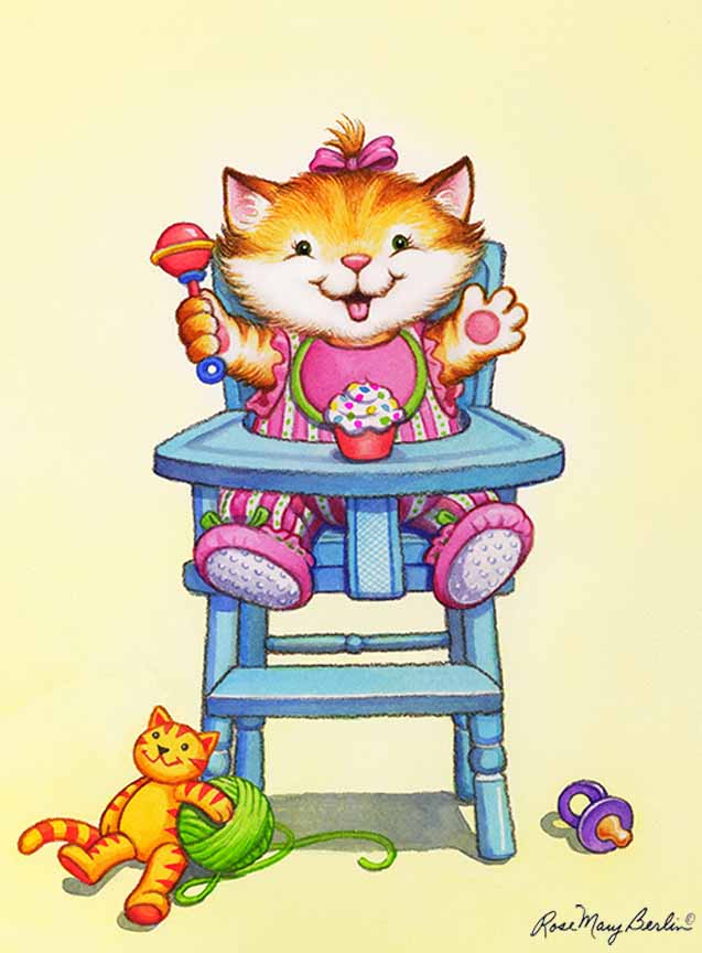 RMB – Kids Illustration – Kitten in High Chair © Rose Mary Berlin