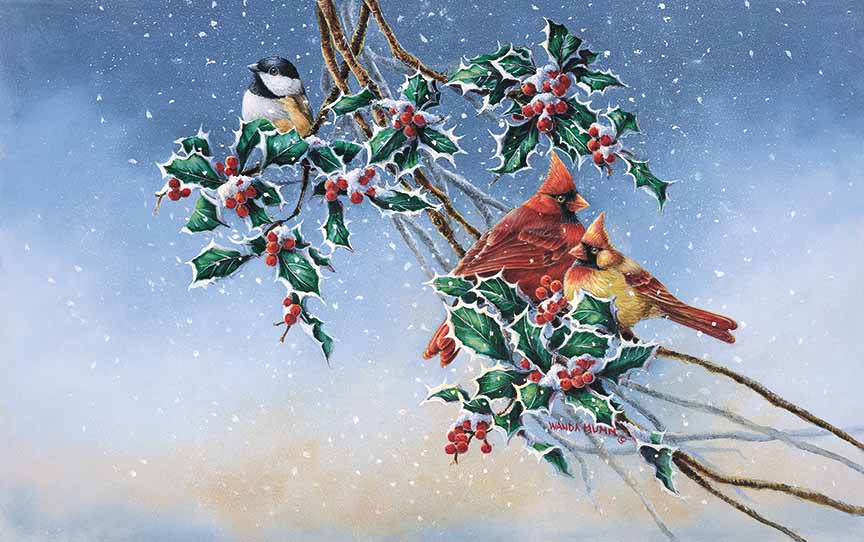 WM – 1Songbird – Chickadee and Cardinals in Holly © Wanda Mumm