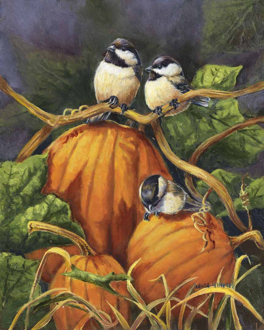 WM – 1Songbird – Chickadees and Pumpkins © Wanda Mumm