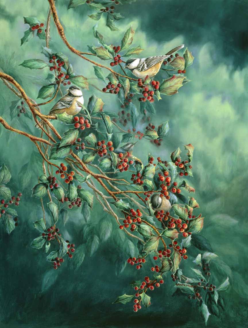 WM – 1Songbird – Holly and Chickadees © Wanda Mumm