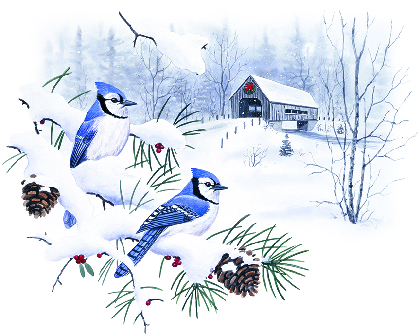 ABH – 6Songbirds, Blue Jays, Covered Bridge, Snow 01401 © Art Brands Holdings, LLC