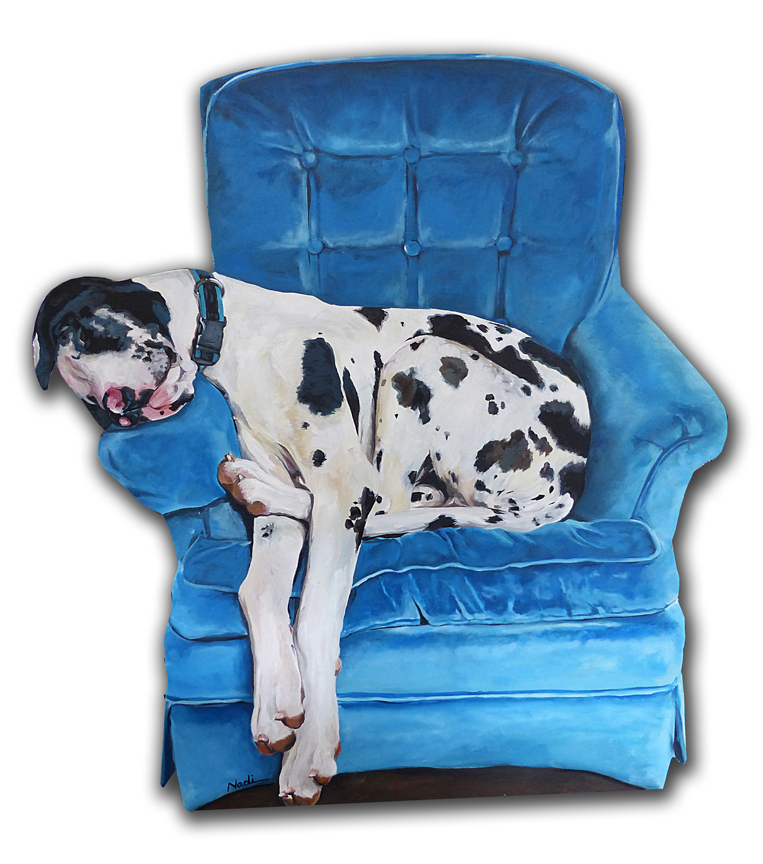 NS – Dogs, Cutouts – 17-27 Kor and the Blue Chair Great Dane 30×26 © Nadi Spencer