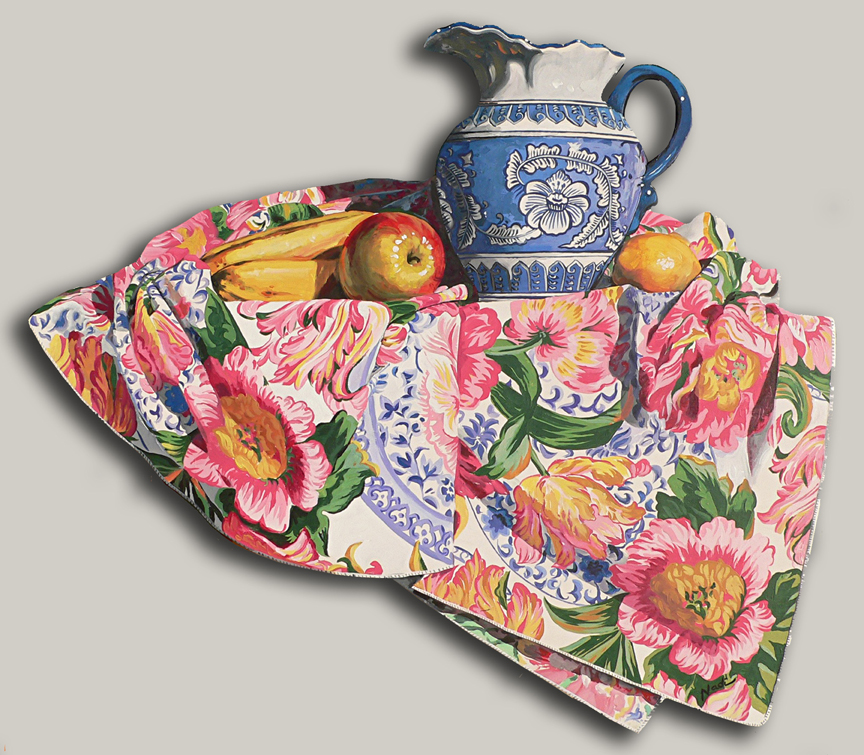 NS – Fruits and Veggies, Cutouts – 16-35 Bananas, Apples, and Blue and White Pitcher 20×24 © Nadi Spencer