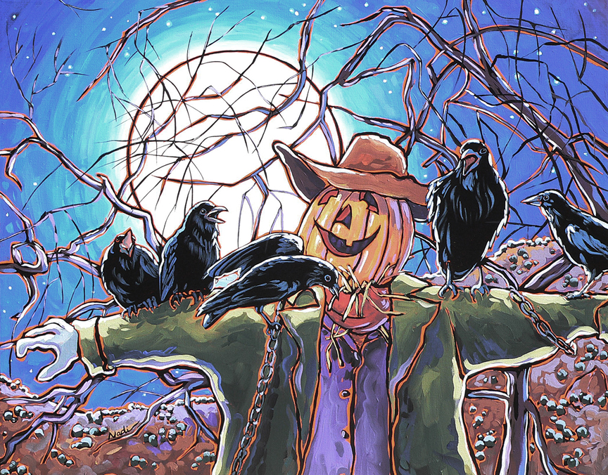 NS – Wildlife, Raven – 12-89 Ravens-Scarecrow 18×23 © Nadi Spencer