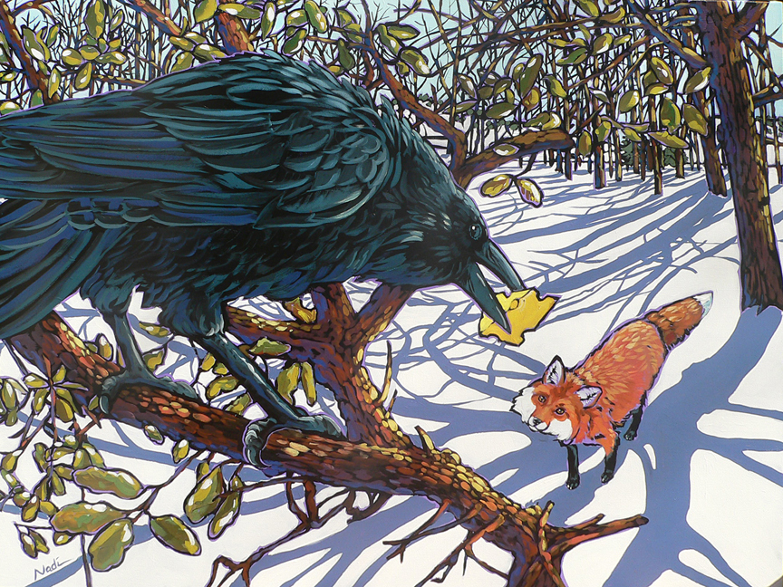 NS – Wildlife, Raven – 14-112 Fox and the Raven 15×20 © Nadi Spencer