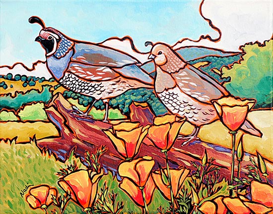 NS – Wildlife, Quail – 12-36 Quail Pair and Poppies 11×14 © Nadi Spencer