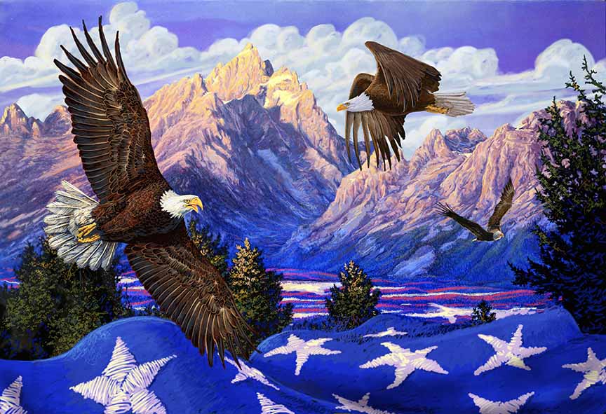 TA – Wildlife – Grand Tetons Eagles with Flags 536b © Tom Antonishak